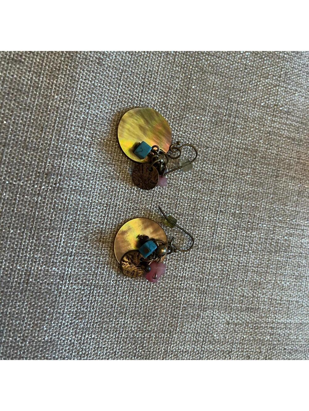 Dangle Earrings with pink and blue stones and gold metal plate